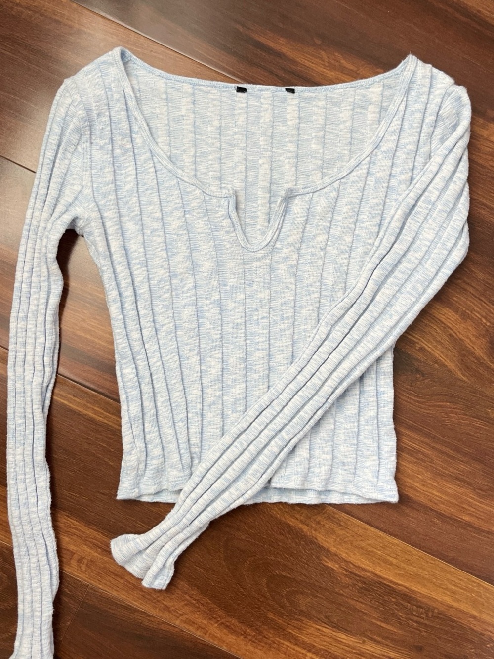 Light Blue Ribbed Long-Sleeve Women's Top